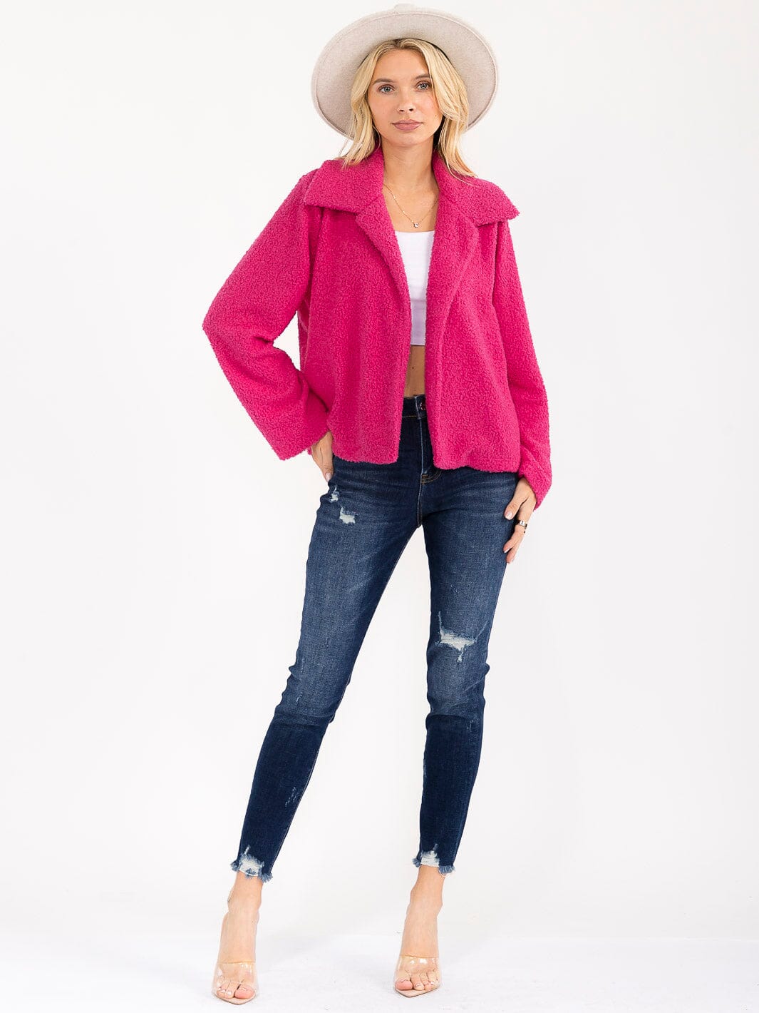 WOMEN'S LONG SLEEVE OPEN FRONT POCKETS SHERPA JACKET
