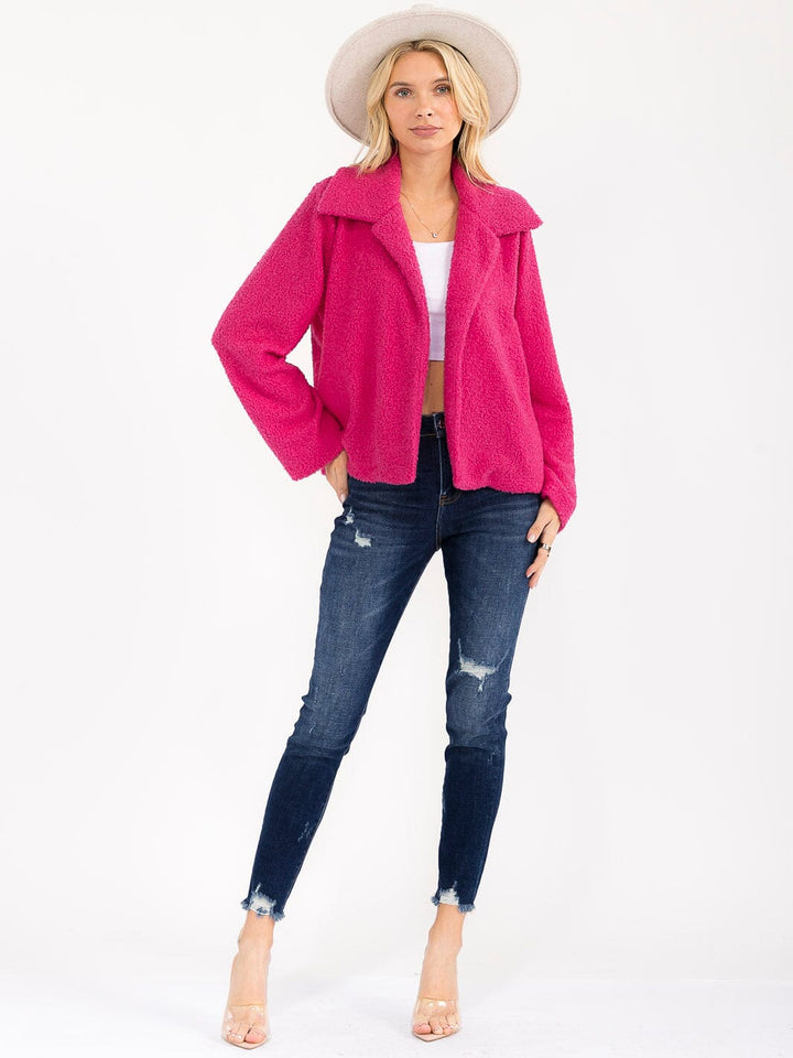 WOMEN'S LONG SLEEVE OPEN FRONT POCKETS SHERPA JACKET