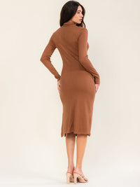 WOMEN'S LONG SLEEVE ZIP UP NECK RIBBED BODYCON MIDI DRESS