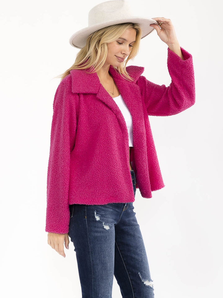 WOMEN'S LONG SLEEVE OPEN FRONT POCKETS SHERPA JACKET