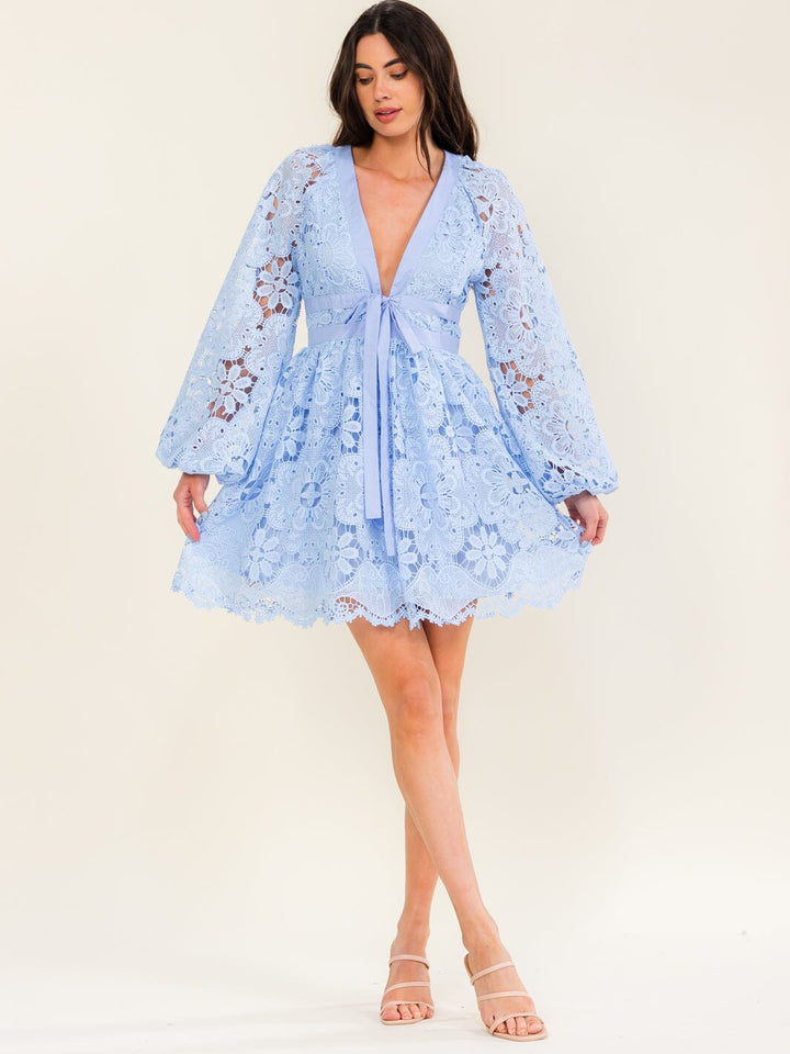 BEULAH WOMEN'S LONG SLEEVE V-NECK CROCHET MINI DRESS