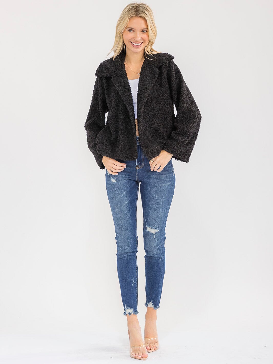 WOMEN'S LONG SLEEVE OPEN FRONT POCKETS SHERPA JACKET