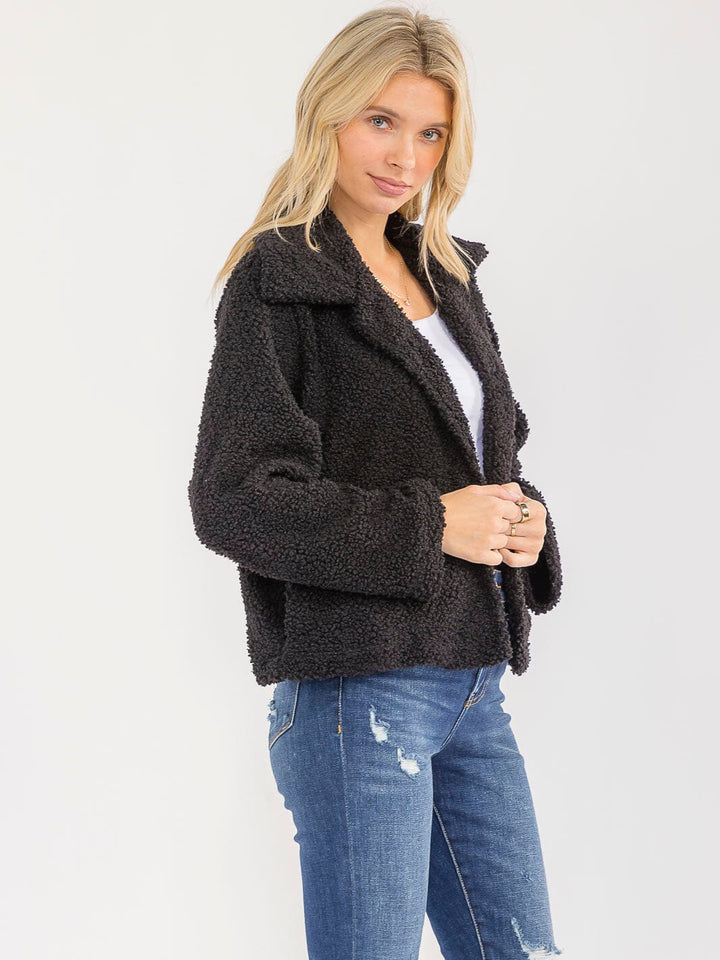 WOMEN'S LONG SLEEVE OPEN FRONT POCKETS SHERPA JACKET