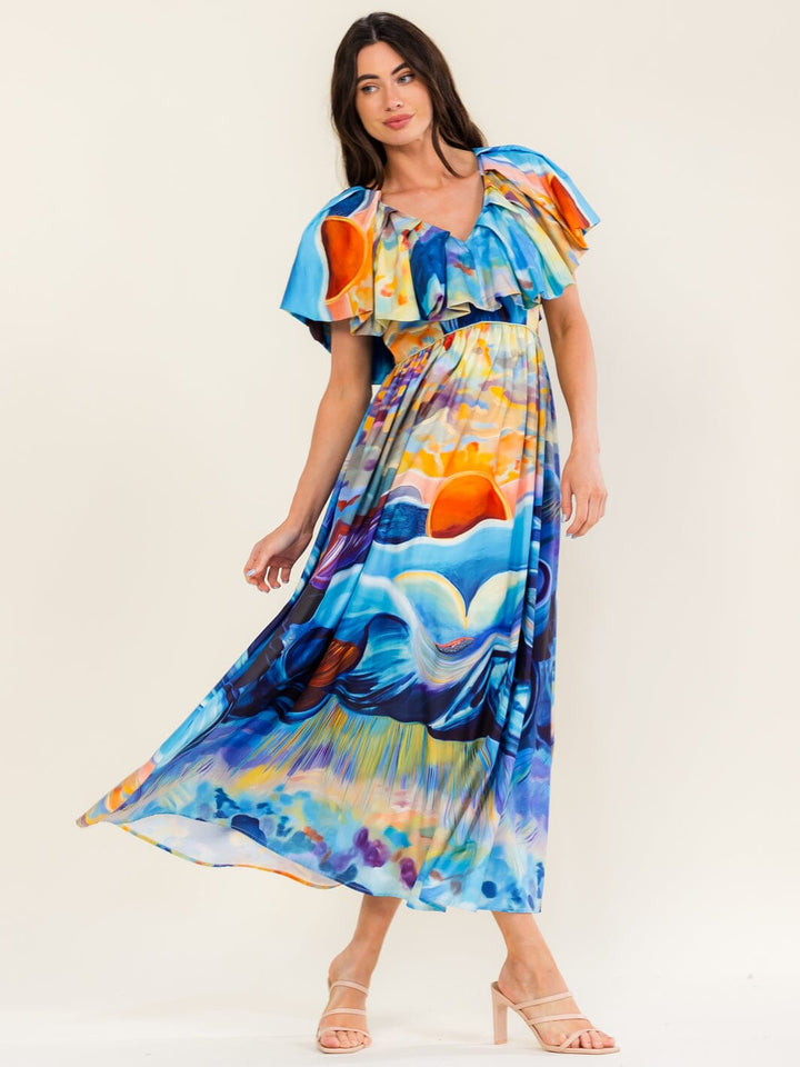 BEULAH WOMEN'S SHORT SLEEVE FRONT POCKETS RUFFLE MULTI PRINT MAXI DRESS
