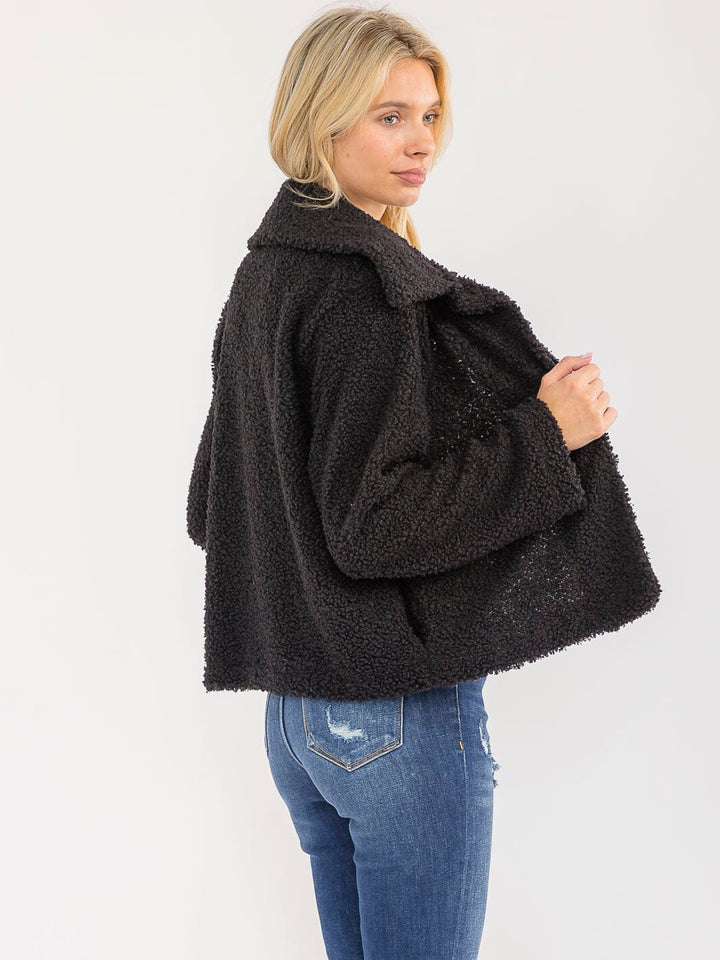 WOMEN'S LONG SLEEVE OPEN FRONT POCKETS SHERPA JACKET