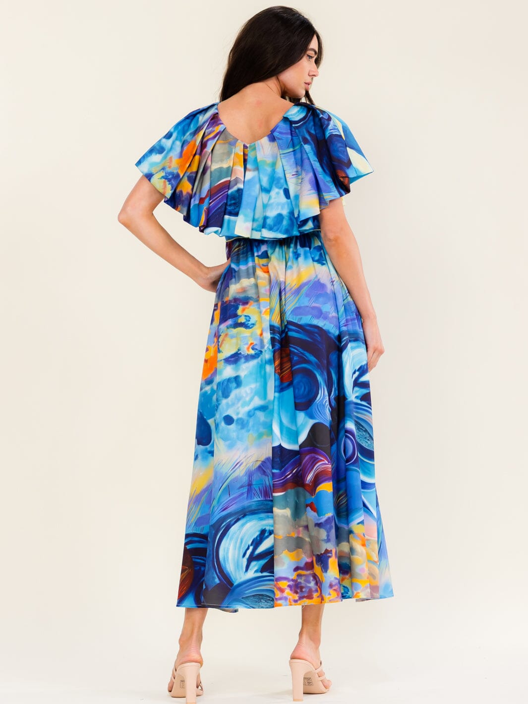 BEULAH WOMEN'S SHORT SLEEVE FRONT POCKETS RUFFLE MULTI PRINT MAXI DRESS