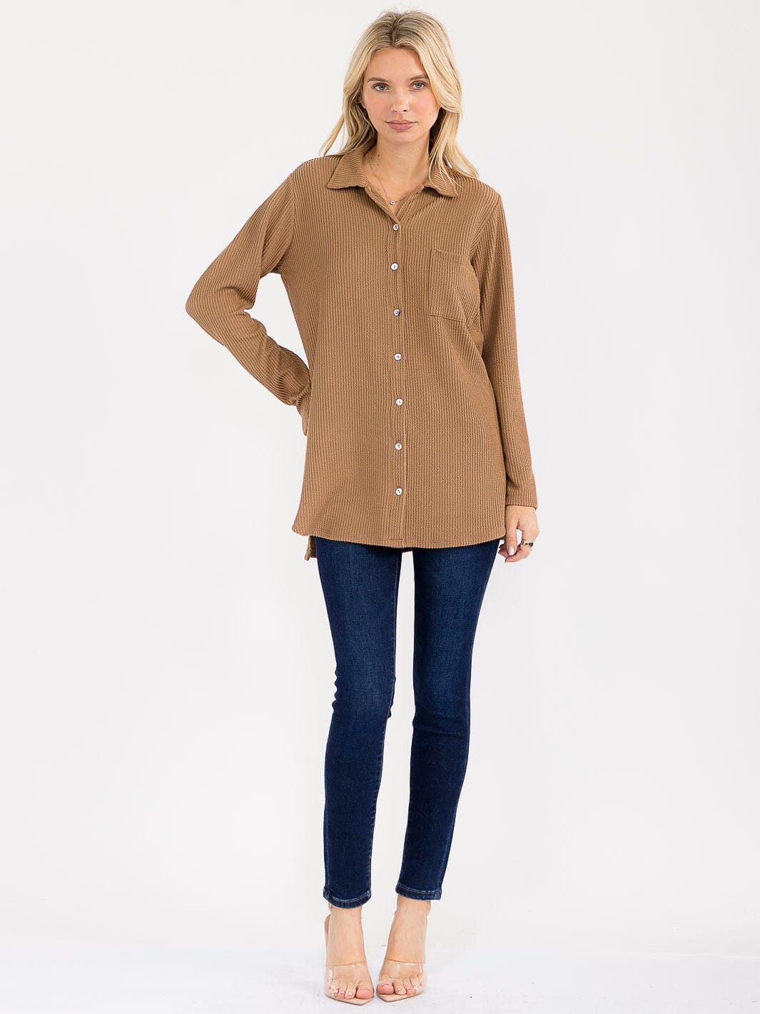 WOMEN'S LONG SLEEVE BUTTON CLOSURE FRONT POCKET RIBBED TOP