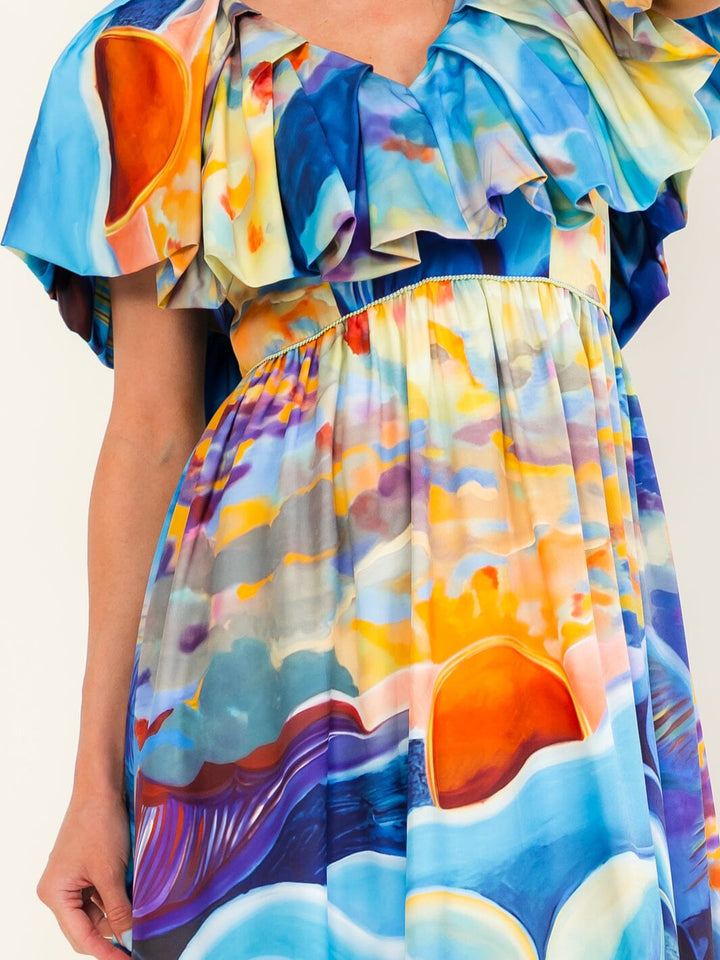 BEULAH WOMEN'S SHORT SLEEVE FRONT POCKETS RUFFLE MULTI PRINT MAXI DRESS