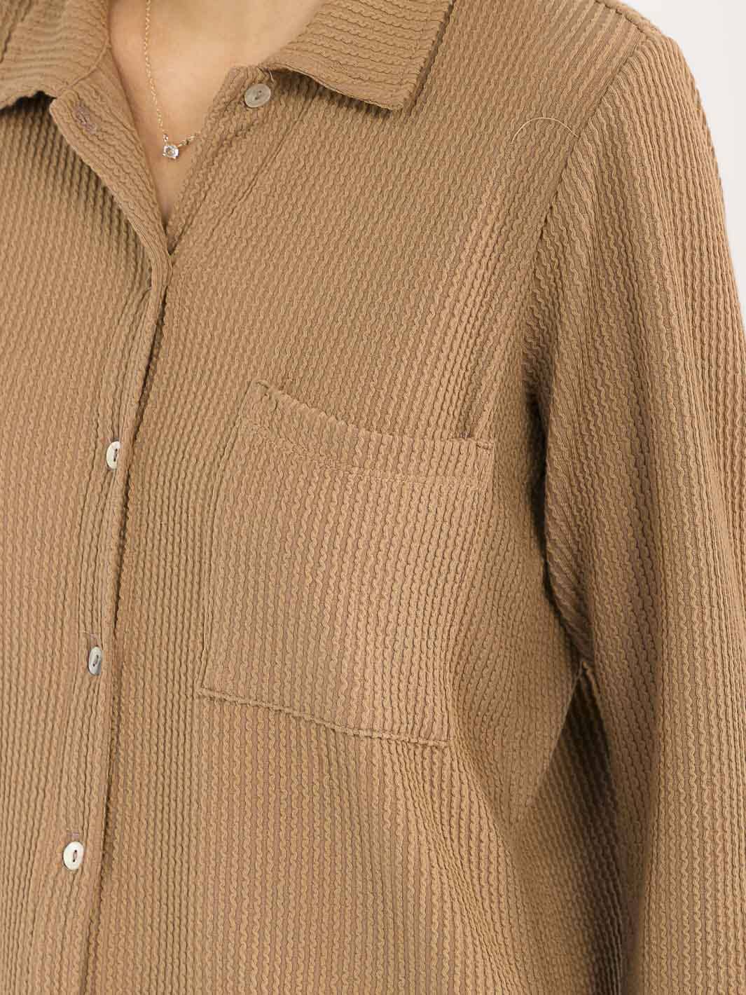 WOMEN'S LONG SLEEVE BUTTON CLOSURE FRONT POCKET RIBBED TOP