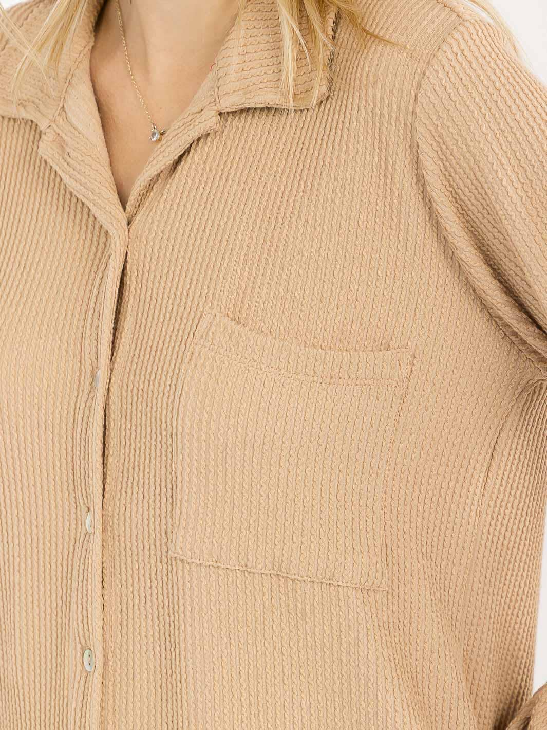WOMEN'S LONG SLEEVE BUTTON CLOSURE FRONT POCKET RIBBED TOP