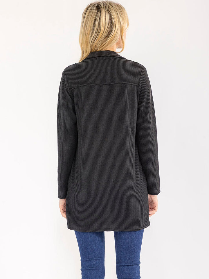 WOMEN'S LONG SLEEVE BUTTON CLOSURE FRONT POCKET RIBBED TOP