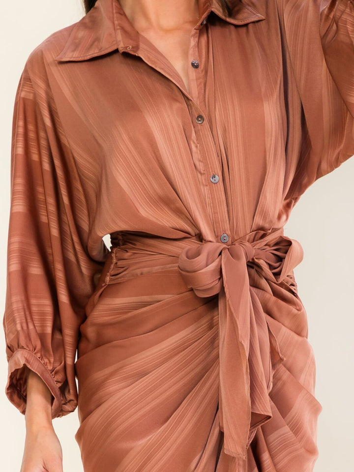 ENTRO WOMEN'S LONG SLEEVE BUTTON UP SELF TIE MAXI DRESS