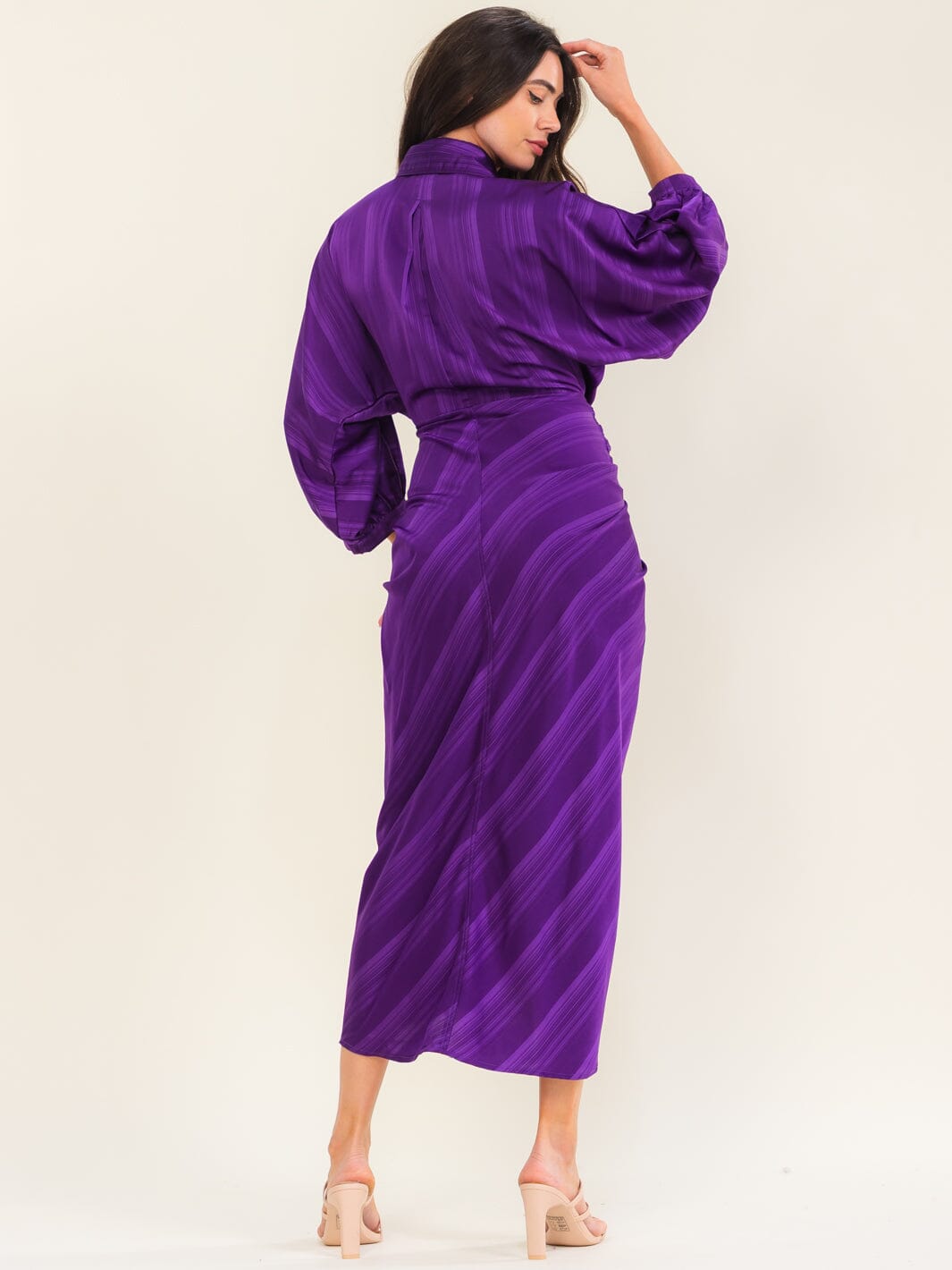 ENTRO WOMEN'S LONG SLEEVE BUTTON UP SELF TIE MAXI DRESS