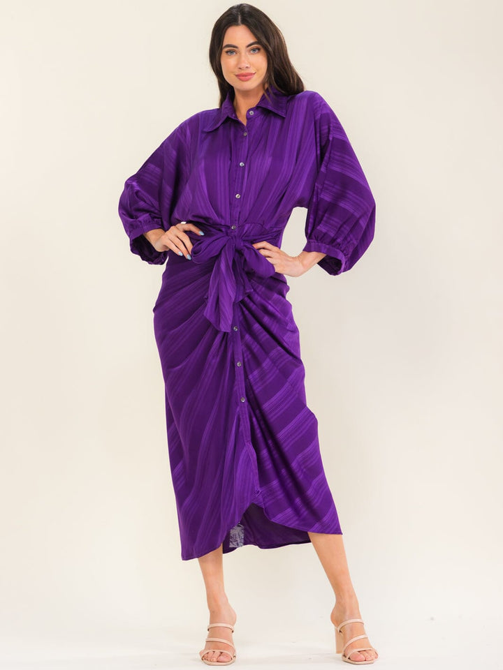 ENTRO WOMEN'S LONG SLEEVE BUTTON UP SELF TIE MAXI DRESS