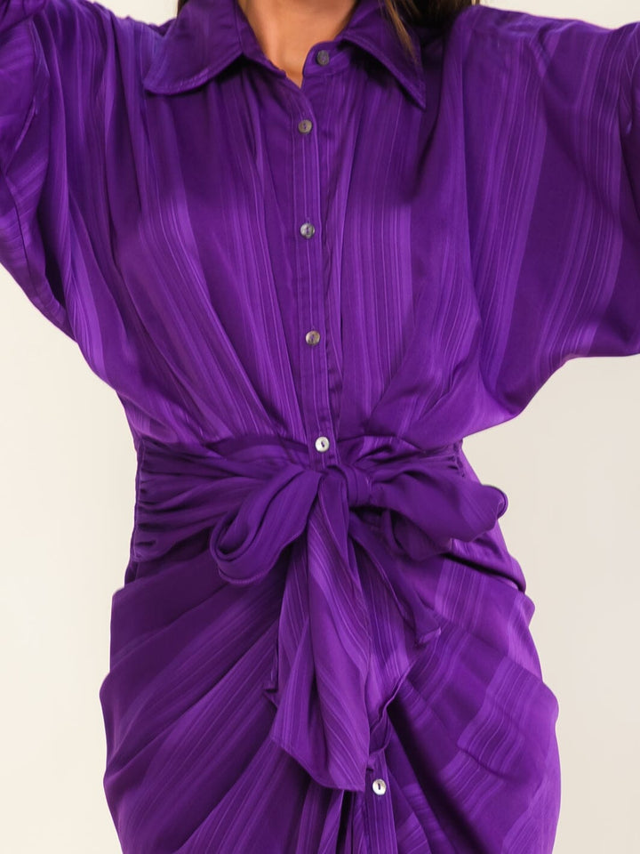 ENTRO WOMEN'S LONG SLEEVE BUTTON UP SELF TIE MAXI DRESS