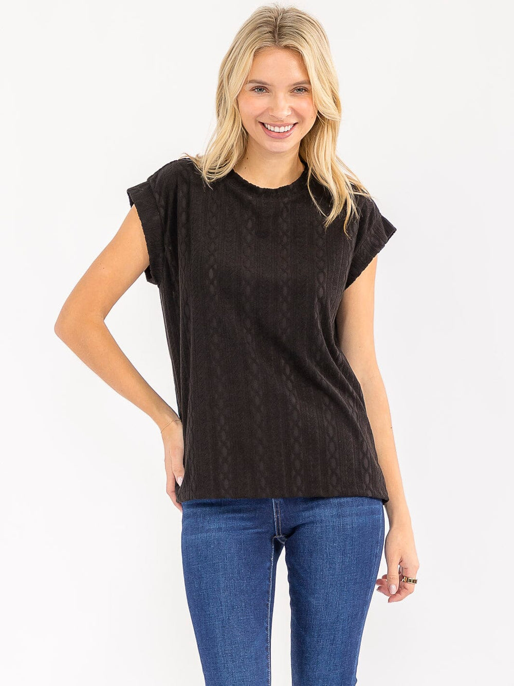 WOMEN'S SHORT SLEEVE RIBBED DETAILED BLOUSE