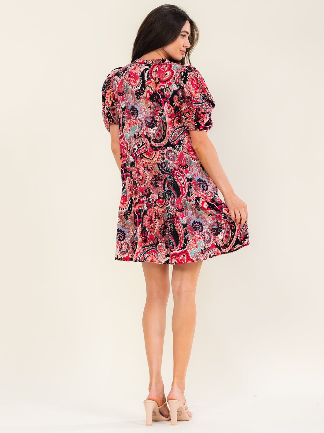 ENTRO WOMEN'S SHORT SLEEVE V-NECK POCKETS MULTI PAISLEY PRINT MINI DRESS