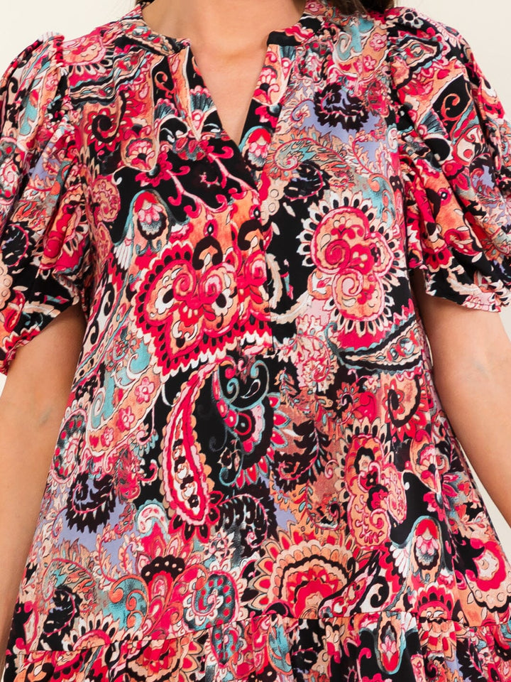ENTRO WOMEN'S SHORT SLEEVE V-NECK POCKETS MULTI PAISLEY PRINT MINI DRESS