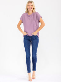 WOMEN'S SHORT SLEEVE FRONT POCKET RIBBED DETAILED BLOUSE