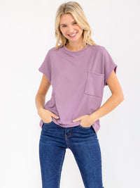 WOMEN'S SHORT SLEEVE FRONT POCKET RIBBED DETAILED BLOUSE