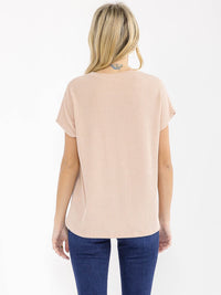 WOMEN'S SHORT SLEEVE FRONT POCKET RIBBED DETAILED BLOUSE