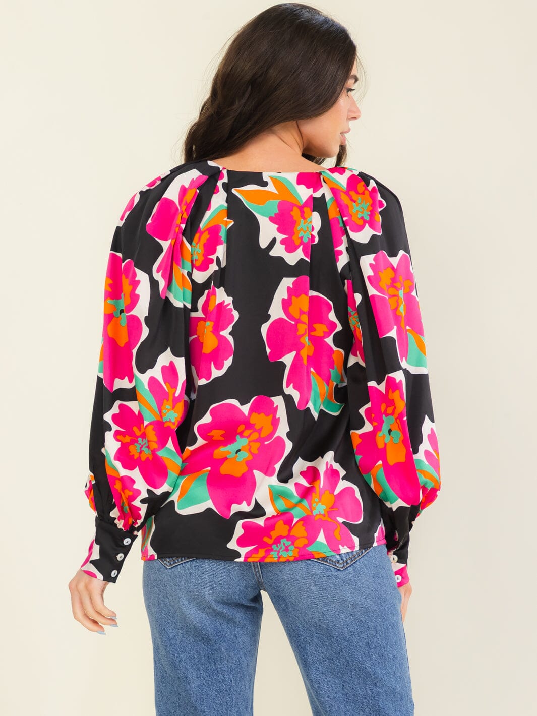 ENTRO WOMEN'S LONG SLEEVE V-NECK FLORAL PRINT BLOUSE