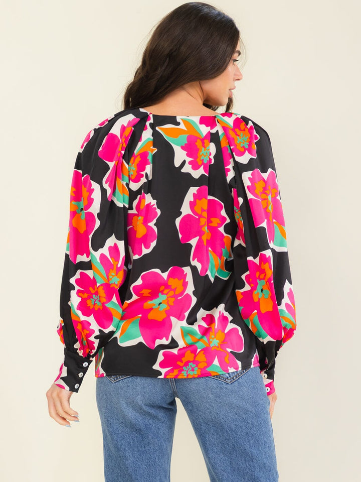 ENTRO WOMEN'S LONG SLEEVE V-NECK FLORAL PRINT BLOUSE