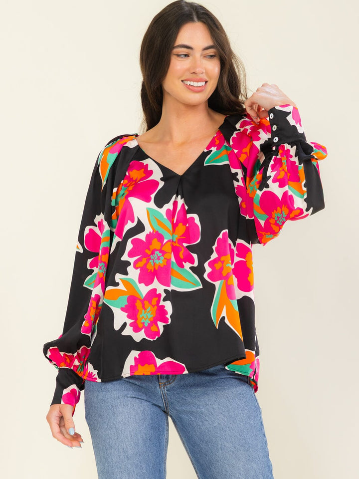 ENTRO WOMEN'S LONG SLEEVE V-NECK FLORAL PRINT BLOUSE