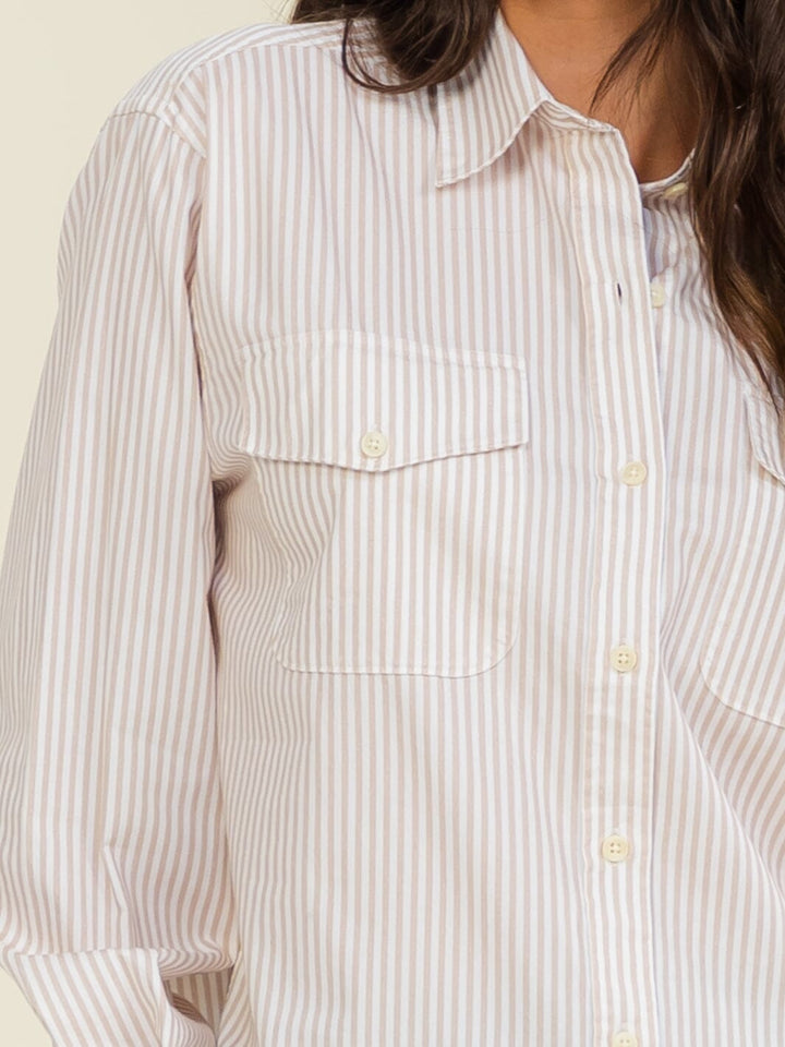 WOMEN'S LONG SLEEVE BUTTON UP FRONT POCKET COLLAR STRIPES SHIRT
