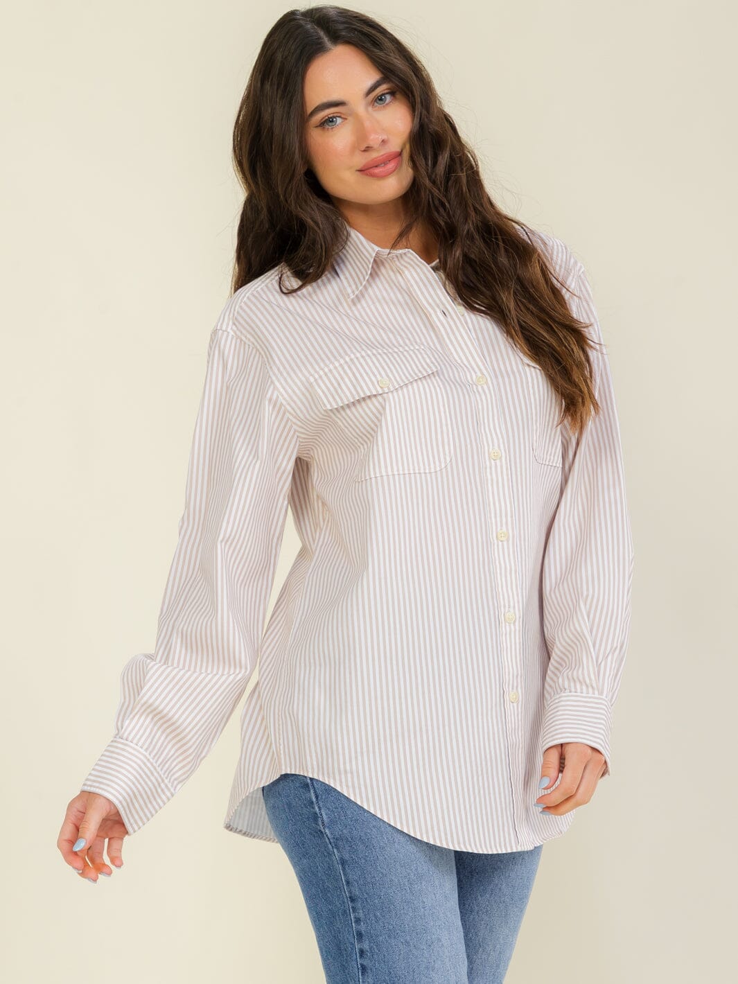 WOMEN'S LONG SLEEVE BUTTON UP FRONT POCKET COLLAR STRIPES SHIRT