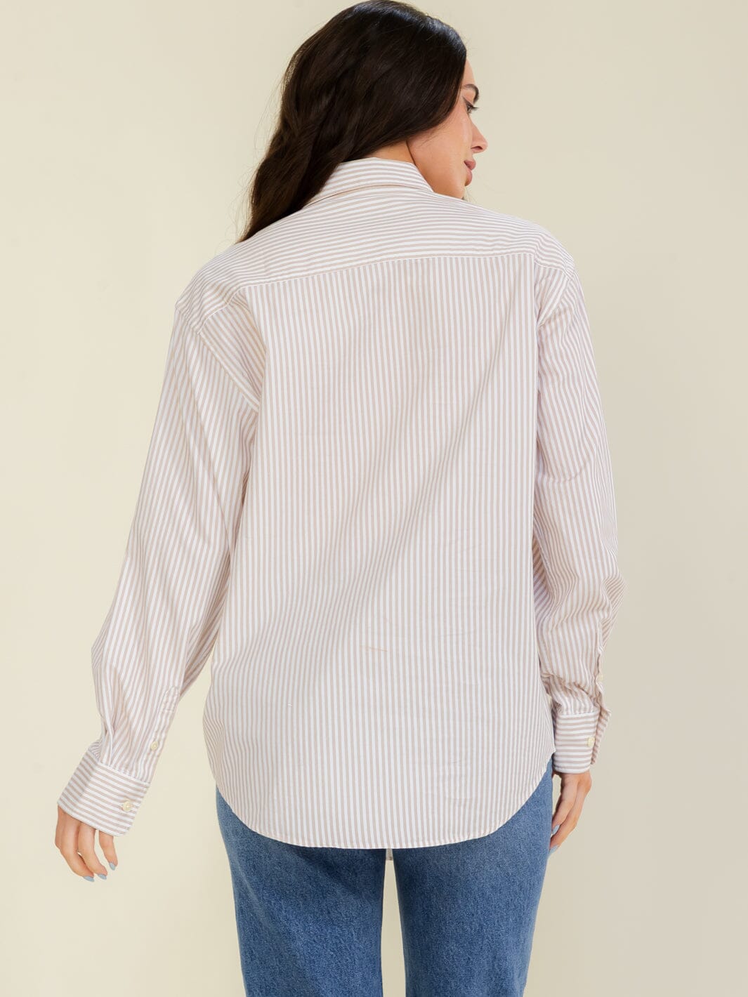 WOMEN'S LONG SLEEVE BUTTON UP FRONT POCKET COLLAR STRIPES SHIRT