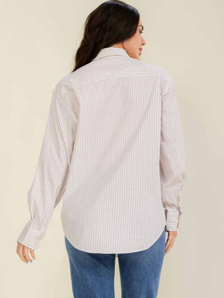 WOMEN'S LONG SLEEVE BUTTON UP FRONT POCKET COLLAR STRIPES SHIRT