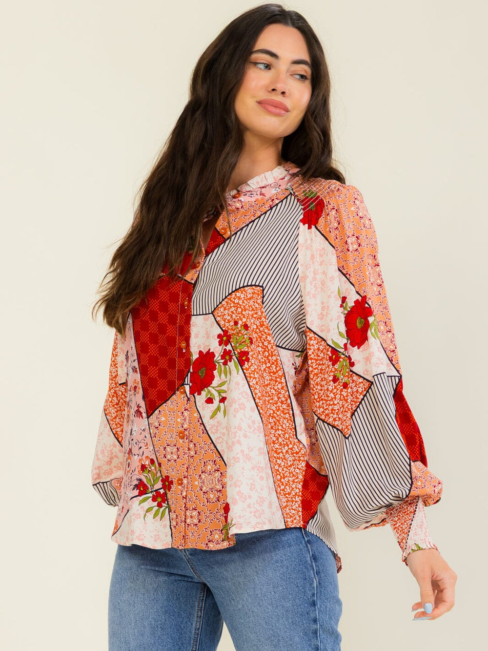 WOMEN'S LONG SLEEVE BUTTON UP MULTI FLORAL BLOUSE