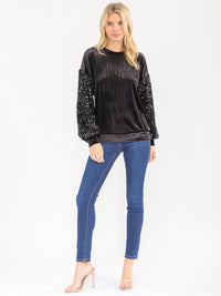 WOMEN'S LONG SEQUINS SLEEVE VELVET BLOUSE