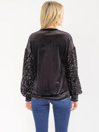 WOMEN'S LONG SEQUINS SLEEVE VELVET BLOUSE