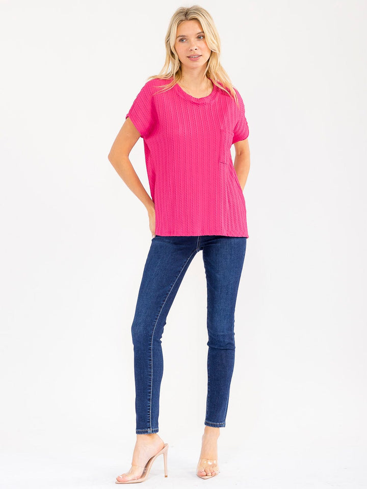 WOMEN'S SHORT SLEEVE FRONT POCKET RIBBED DETAILED BLOUSE