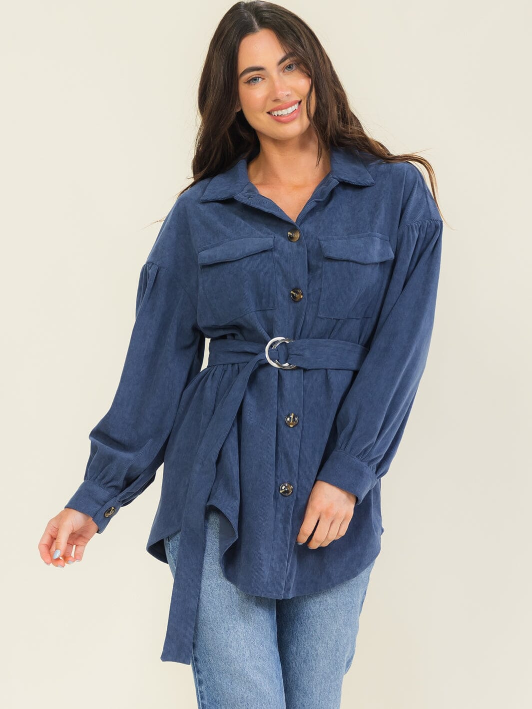 WOMEN'S LONG SLEEVE BUTTON UP SELF TIE POCKETS SHACKET