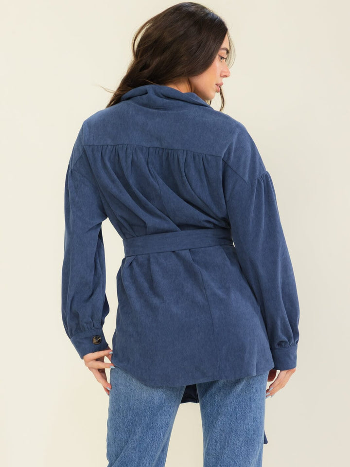 WOMEN'S LONG SLEEVE BUTTON UP SELF TIE POCKETS SHACKET