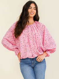 WOMEN'S LONG SLEEVE ELASTIC WAIST MULTI PRINT BLOUSE