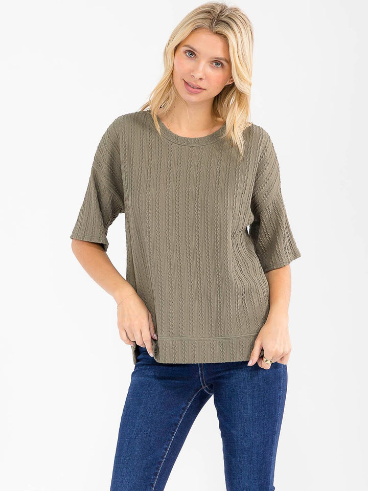 WOMEN'S SHORT SLEEVE RIBBED DETAILED BLOUSE