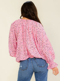 WOMEN'S LONG SLEEVE ELASTIC WAIST MULTI PRINT BLOUSE