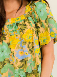 WOMEN'S SHORT PUFF SLEEVE SQUARE NECK ELASTIC WAIST FLORAL PRINT BLOUSE