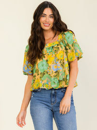 WOMEN'S SHORT PUFF SLEEVE SQUARE NECK ELASTIC WAIST FLORAL PRINT BLOUSE