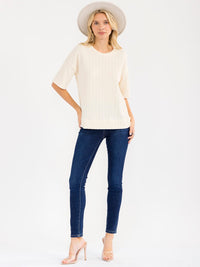 WOMEN'S SHORT SLEEVE RIBBED DETAILED BLOUSE