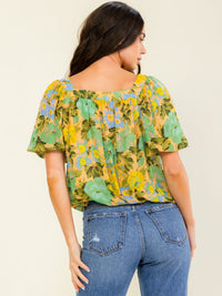 WOMEN'S SHORT PUFF SLEEVE SQUARE NECK ELASTIC WAIST FLORAL PRINT BLOUSE