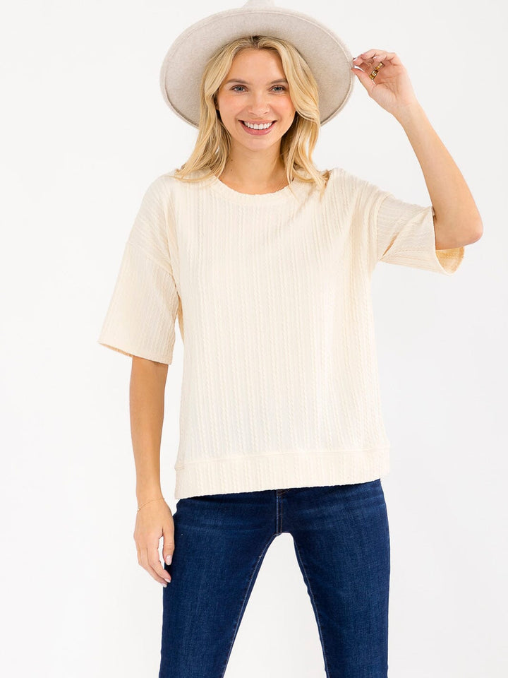 WOMEN'S SHORT SLEEVE RIBBED DETAILED BLOUSE