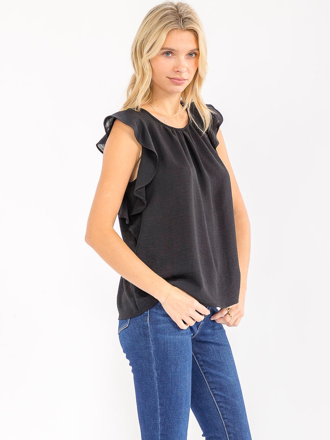 WOMEN'S RUFFLE SLEEVE SOLID LOOSE FIT BLOUSE