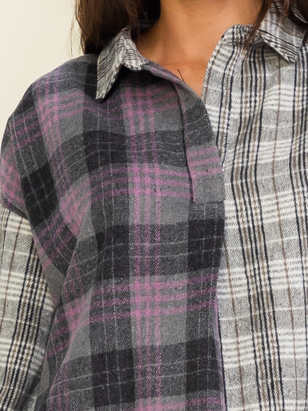 ENTRO WOMEN'S LONG SLEEVE V-NECK COLORBLOCK PLAID SHIRT