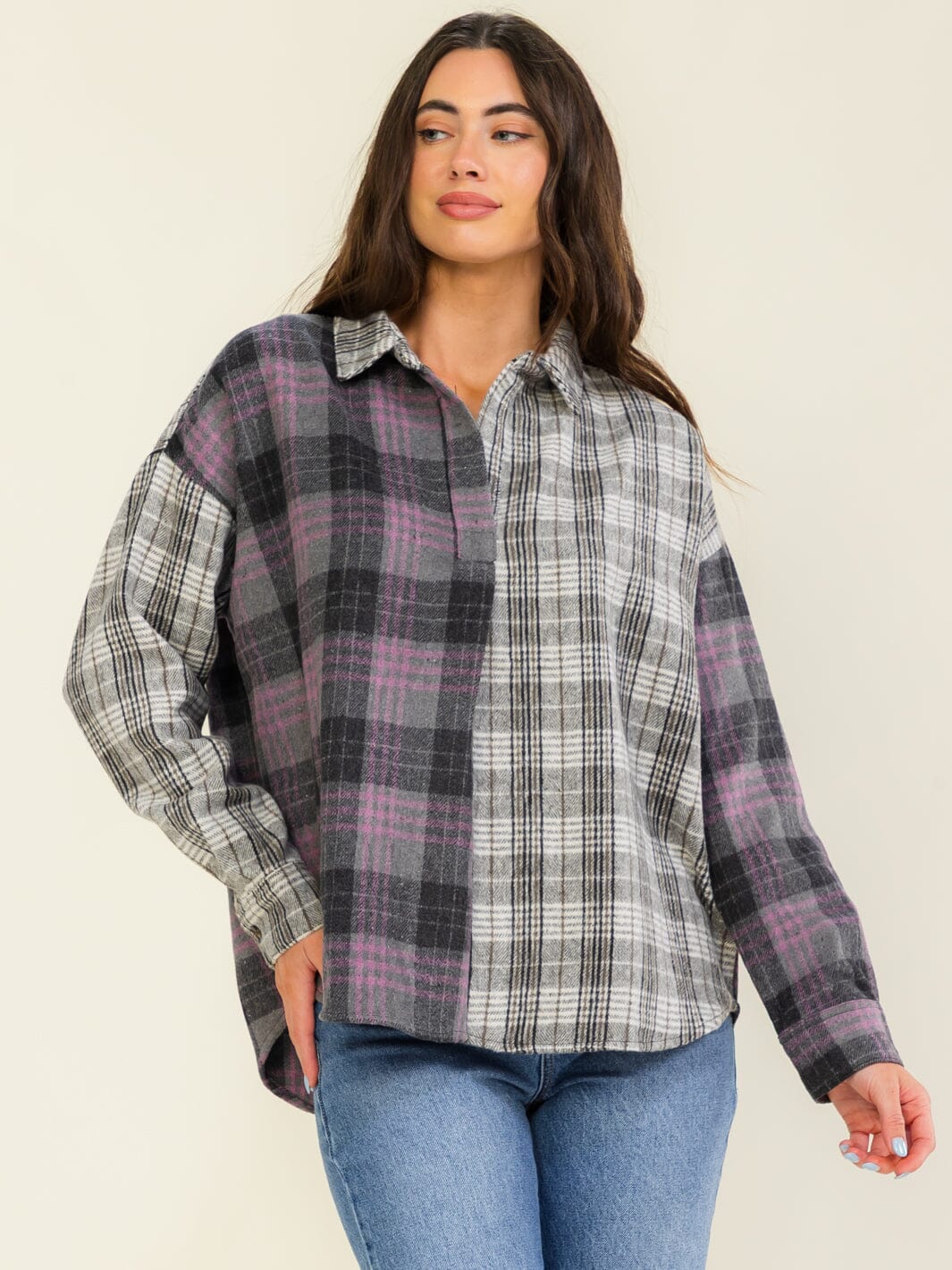 ENTRO WOMEN'S LONG SLEEVE V-NECK COLORBLOCK PLAID SHIRT
