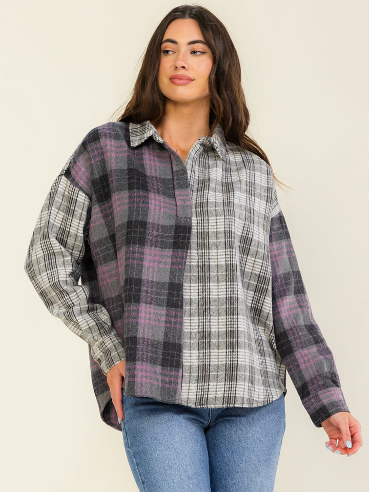ENTRO WOMEN'S LONG SLEEVE V-NECK COLORBLOCK PLAID SHIRT